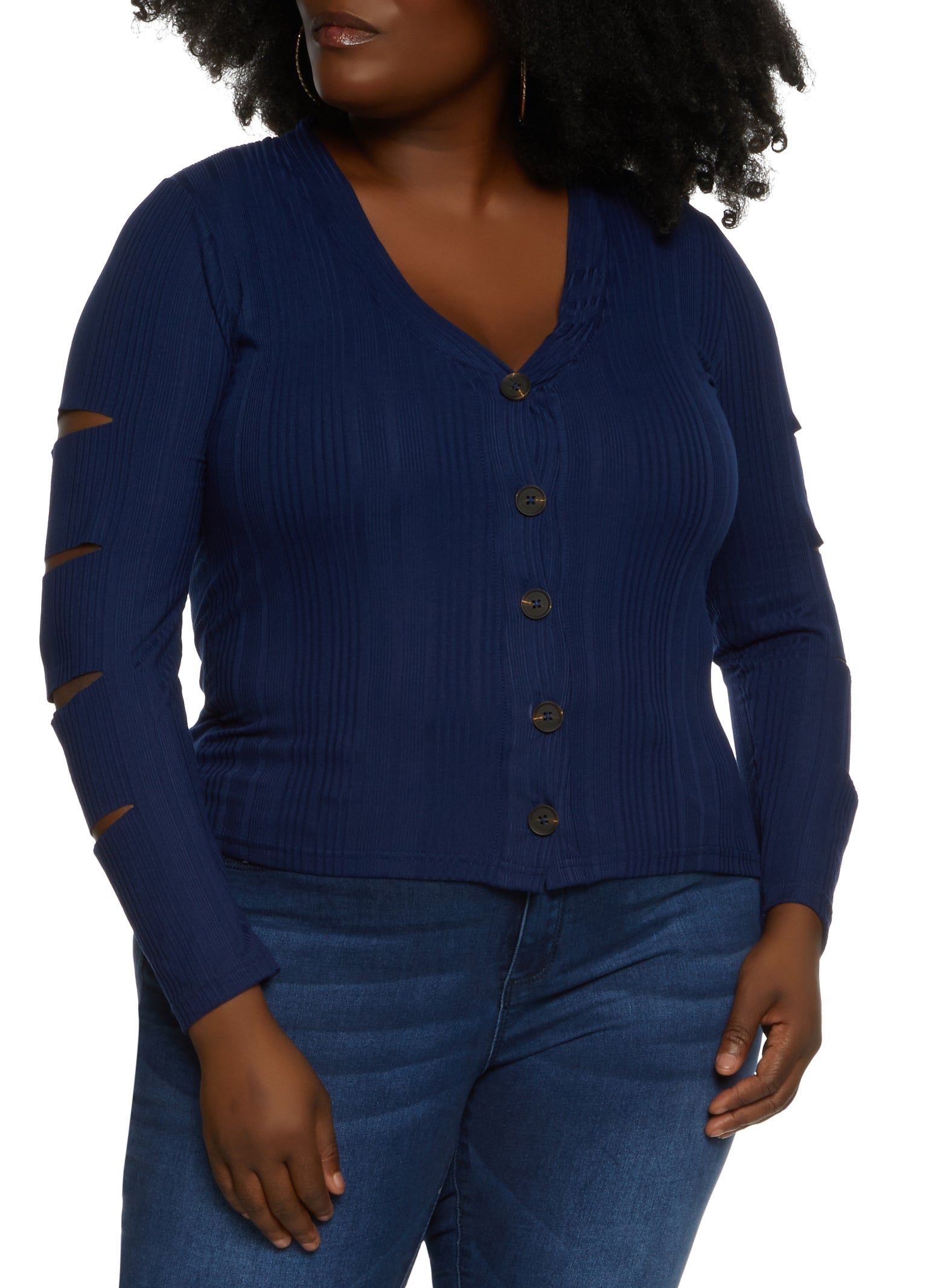 Plus Size Ribbed Laser Cut Button Front Top sold by Rainbow