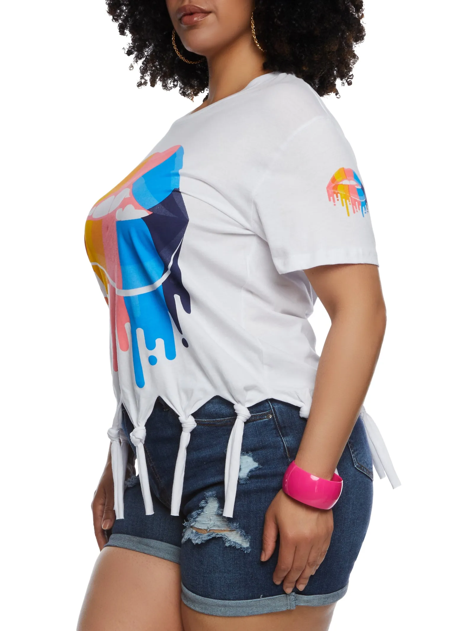 Plus Size Rainbow Lip Graphic Knot Fringe Tee sold by Rainbow product image thumbnail 2