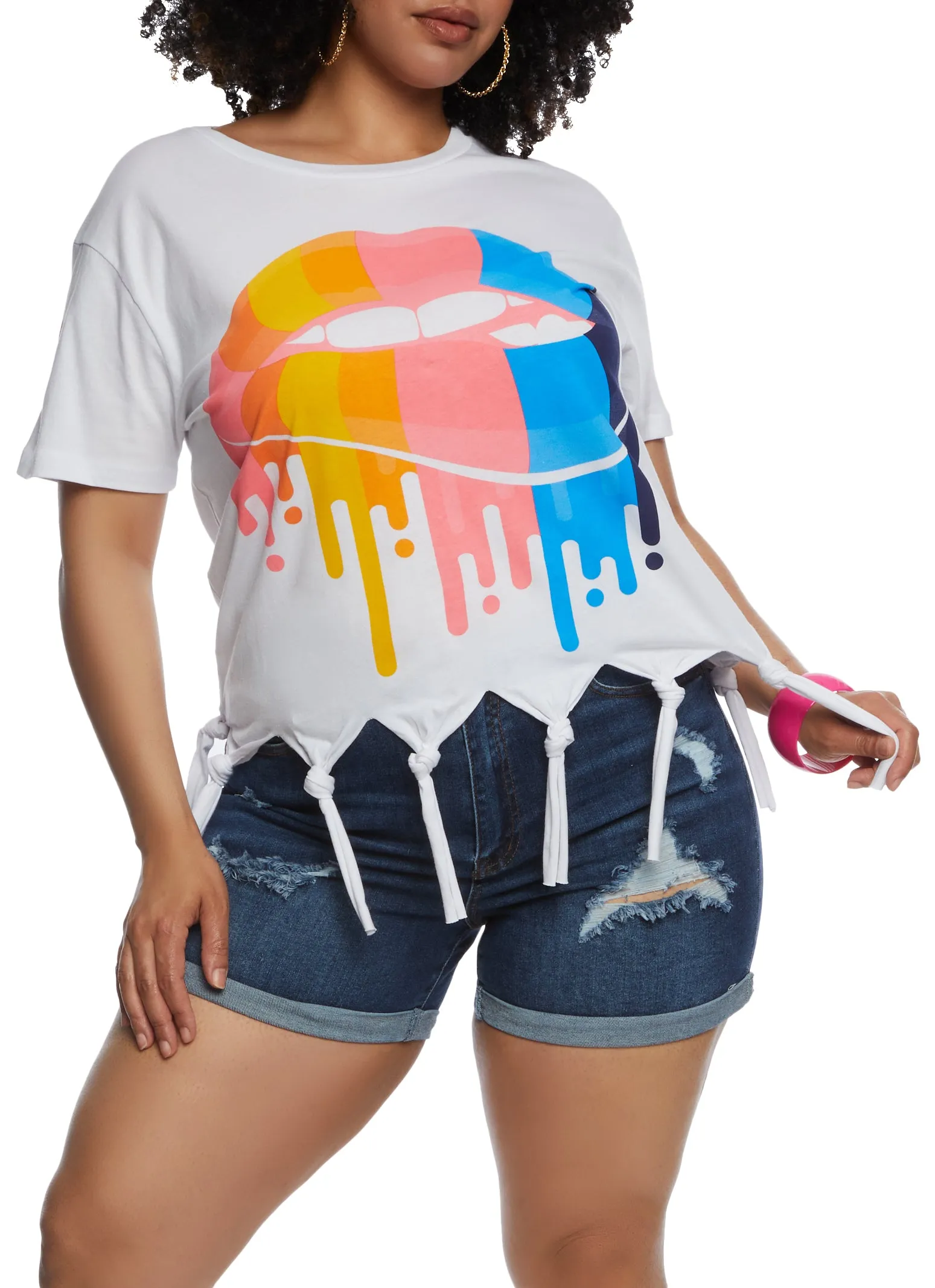 Plus Size Rainbow Lip Graphic Knot Fringe Tee sold by Rainbow