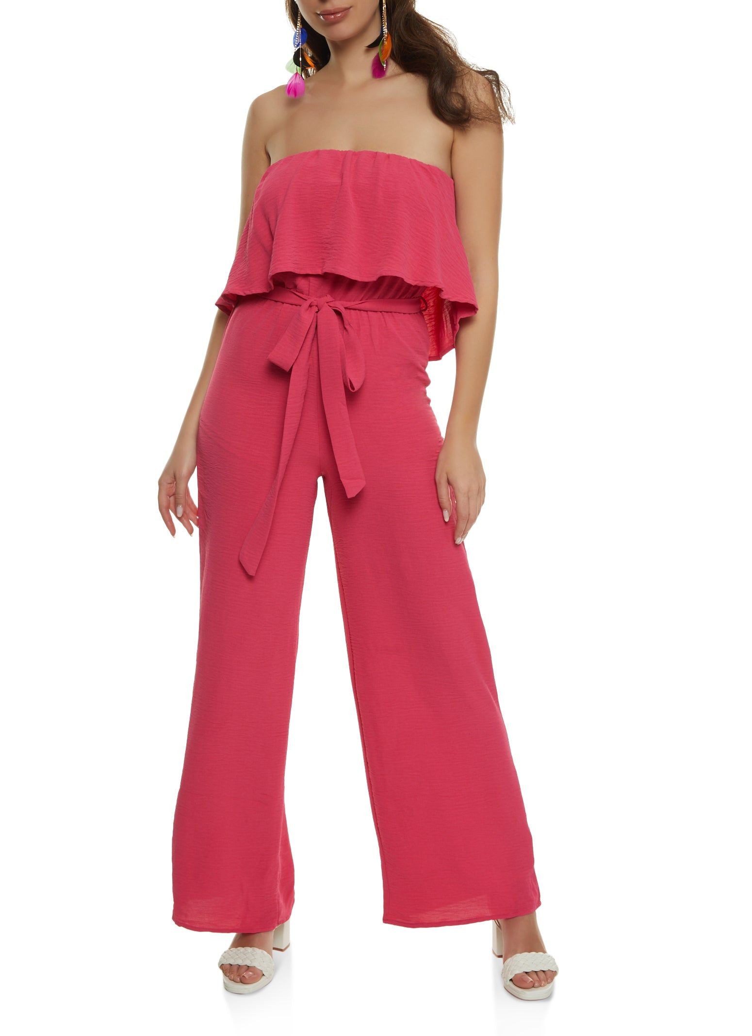 Ruffled Strapless Tie Waist Wide Leg Jumpsuit sold by Rainbow