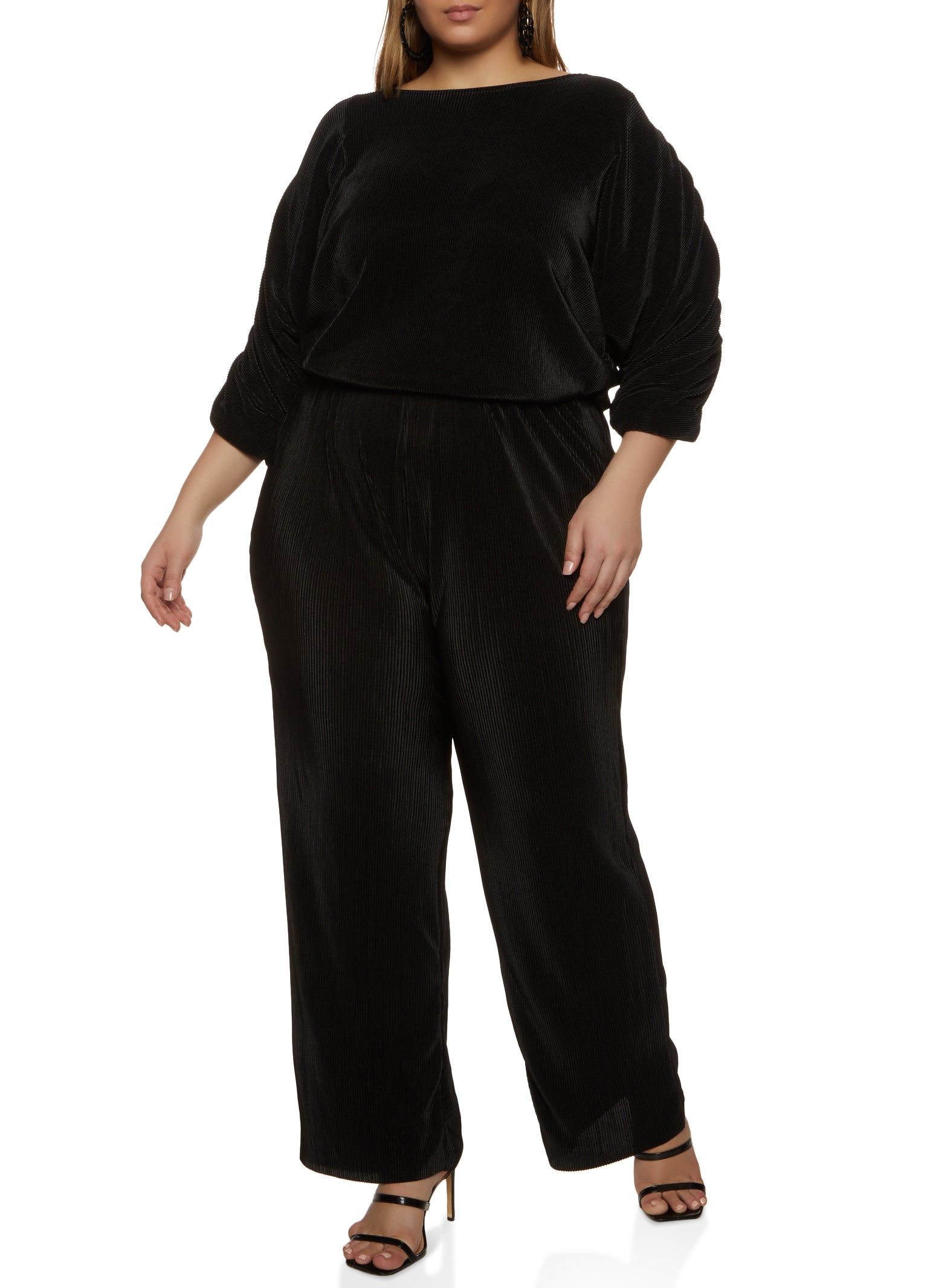 Plus Size Plisse Ruched Sleeve Blouse and Pants Set sold by Rainbow