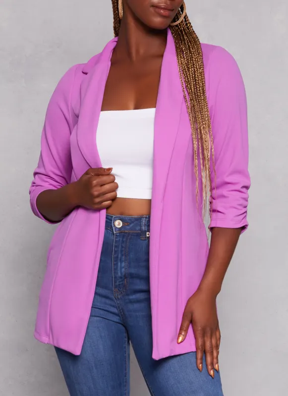 Solid Open Front Ruched Sleeve Blazer sold by Rainbow