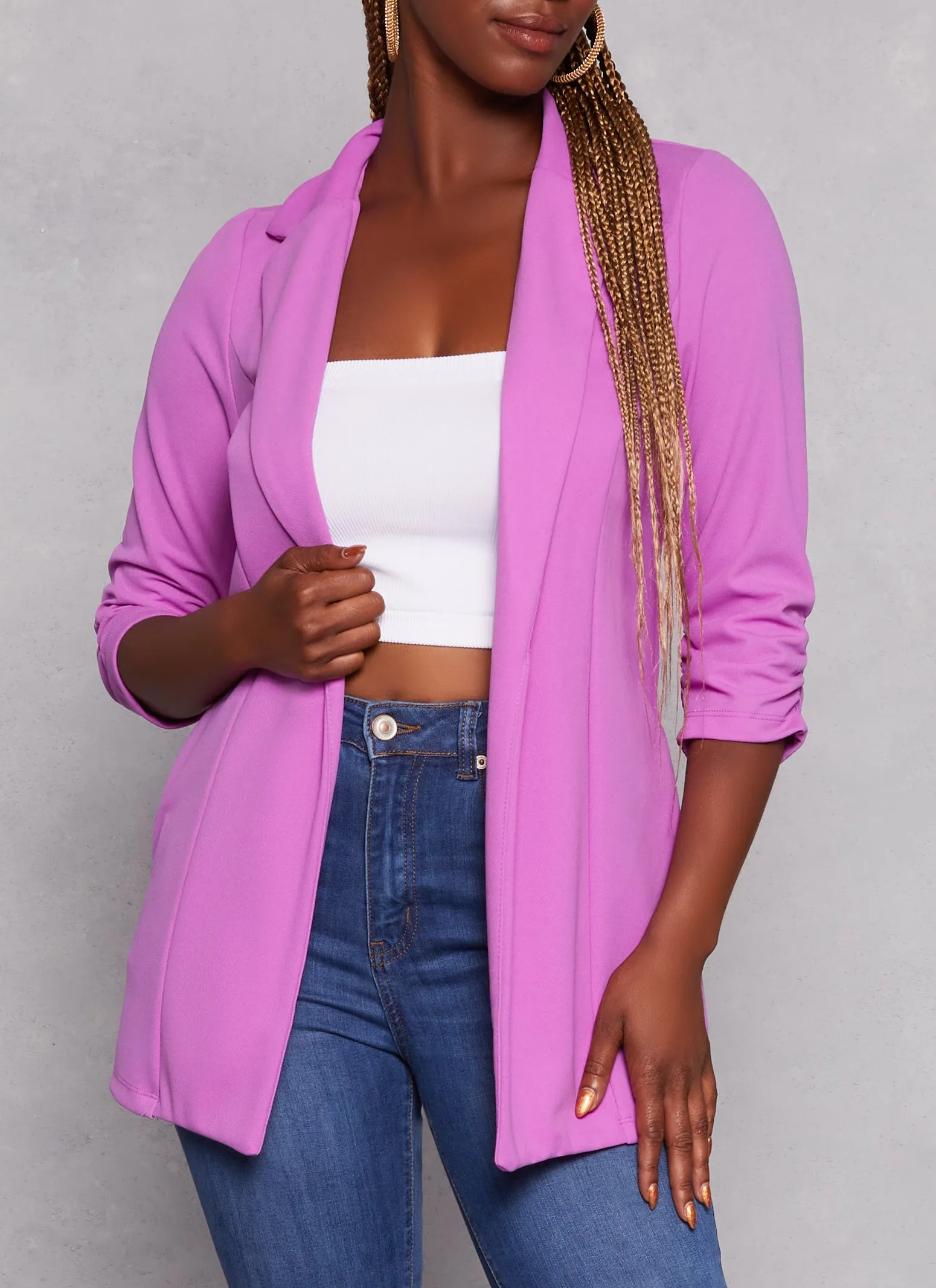 Solid Open Front Ruched Sleeve Blazer sold by Rainbow