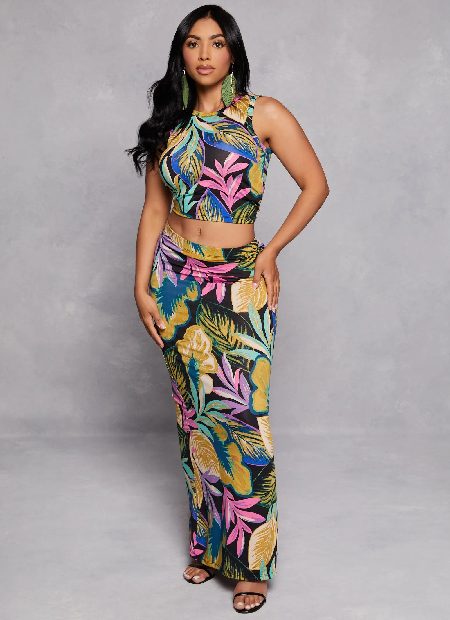 Tropical Print Cropped Tank Top and Maxi Skirt Set sold by Rainbow
