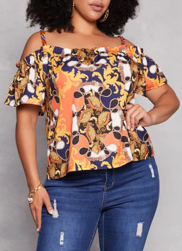 Plus Size Patterned Cold Shoulder Blouse sold by Rainbow