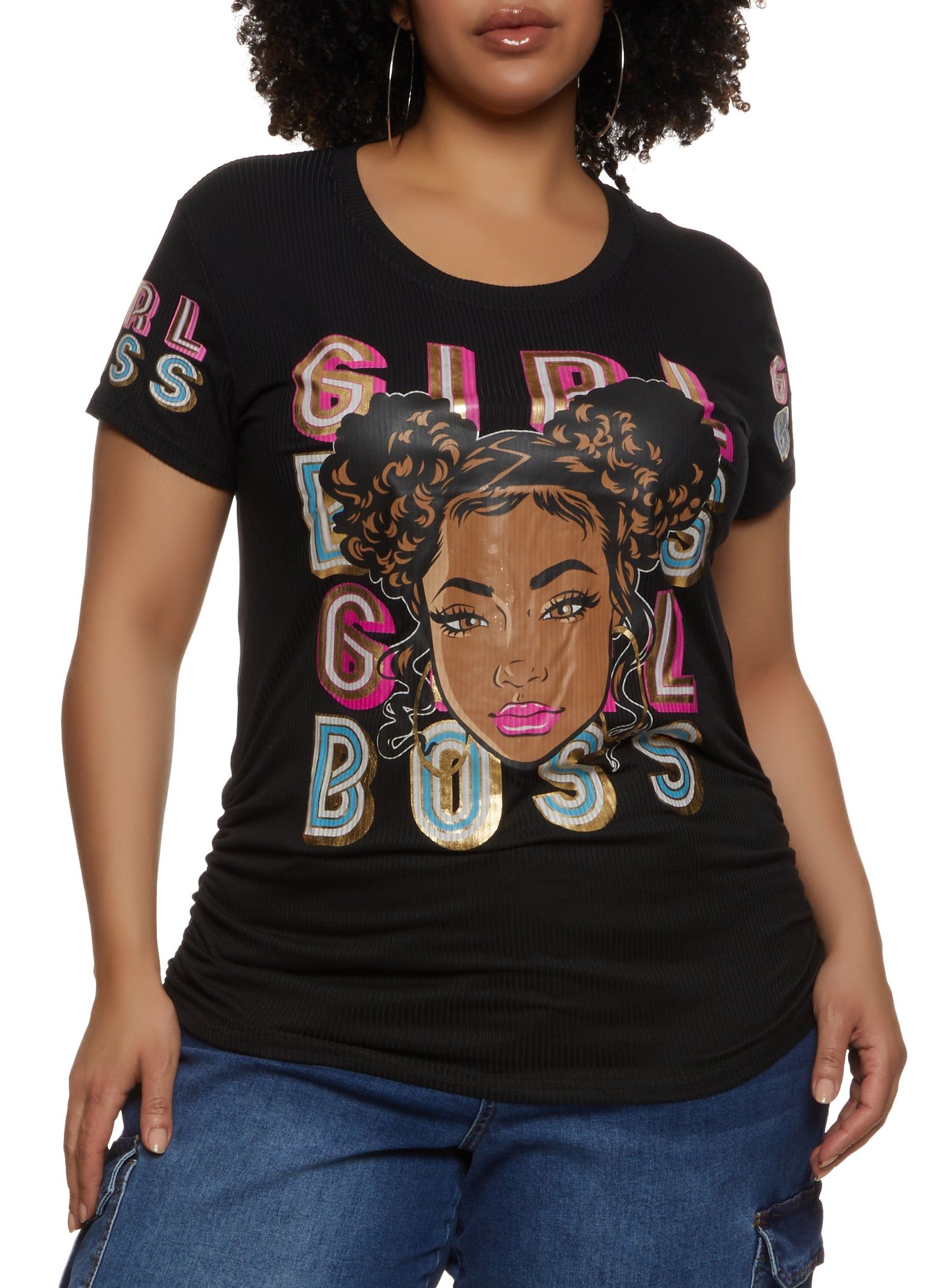 Plus Size Girl Boss Foil Screen Ruched Graphic Tee sold by Rainbow