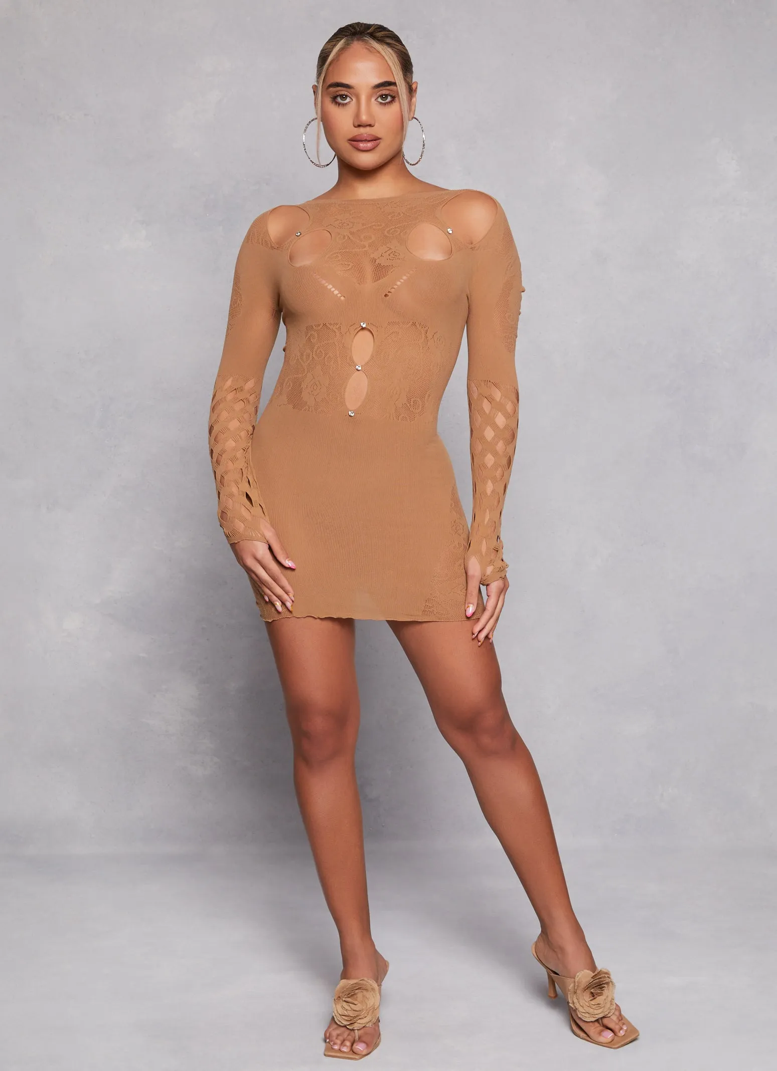 Seamless Rhinestone Long Sleeve Cut Out Mini Dress sold by Rainbow product image thumbnail 2