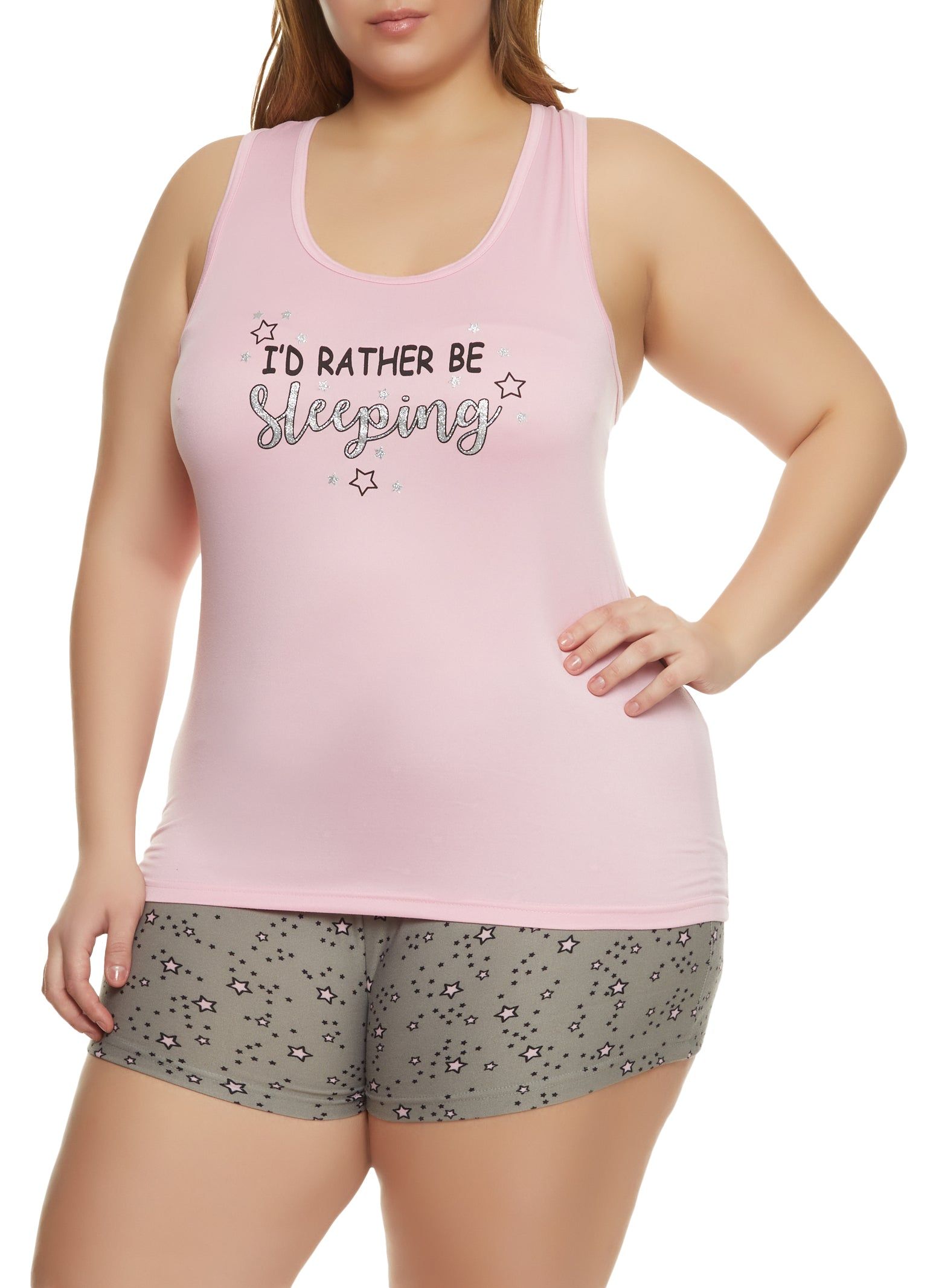 Plus Size Rather Be Sleeping Graphic Pajama Tank Top and Shorts sold by Rainbow
