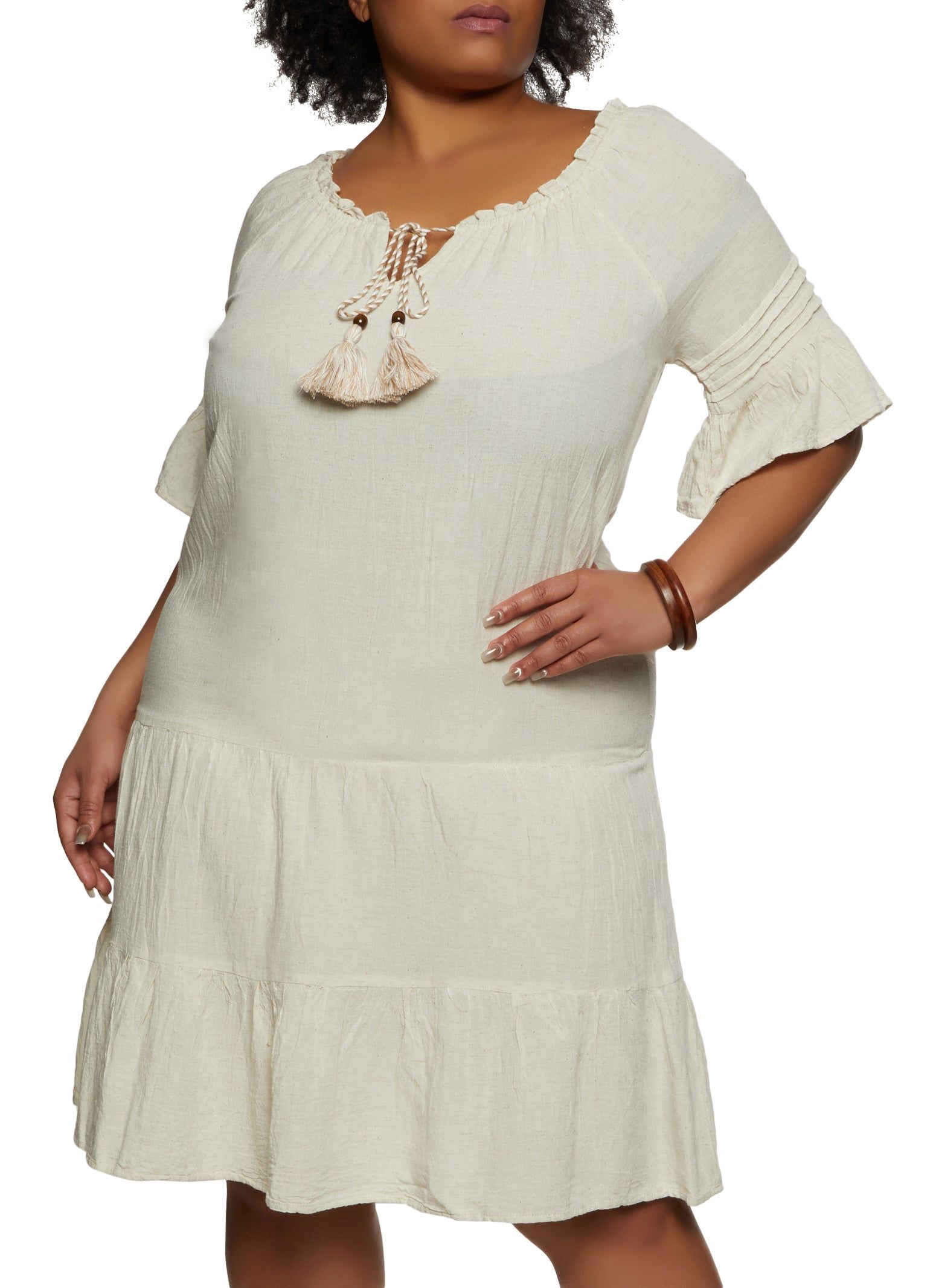 Plus Size Linen Bell Sleeve Tiered Shift Dress sold by Rainbow