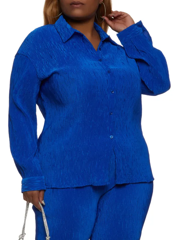 Plus Size Plisse Solid Button Front Shirt sold by Rainbow
