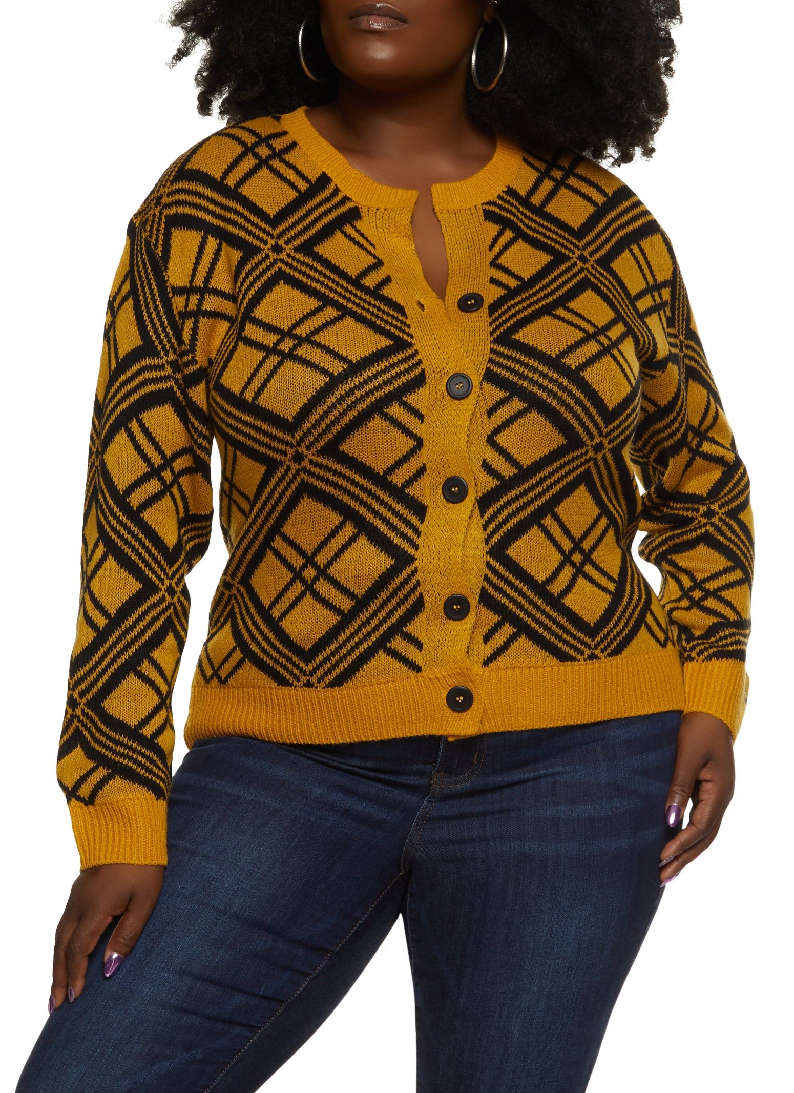Plus Size Geo Print Button Front Cardigan sold by Rainbow