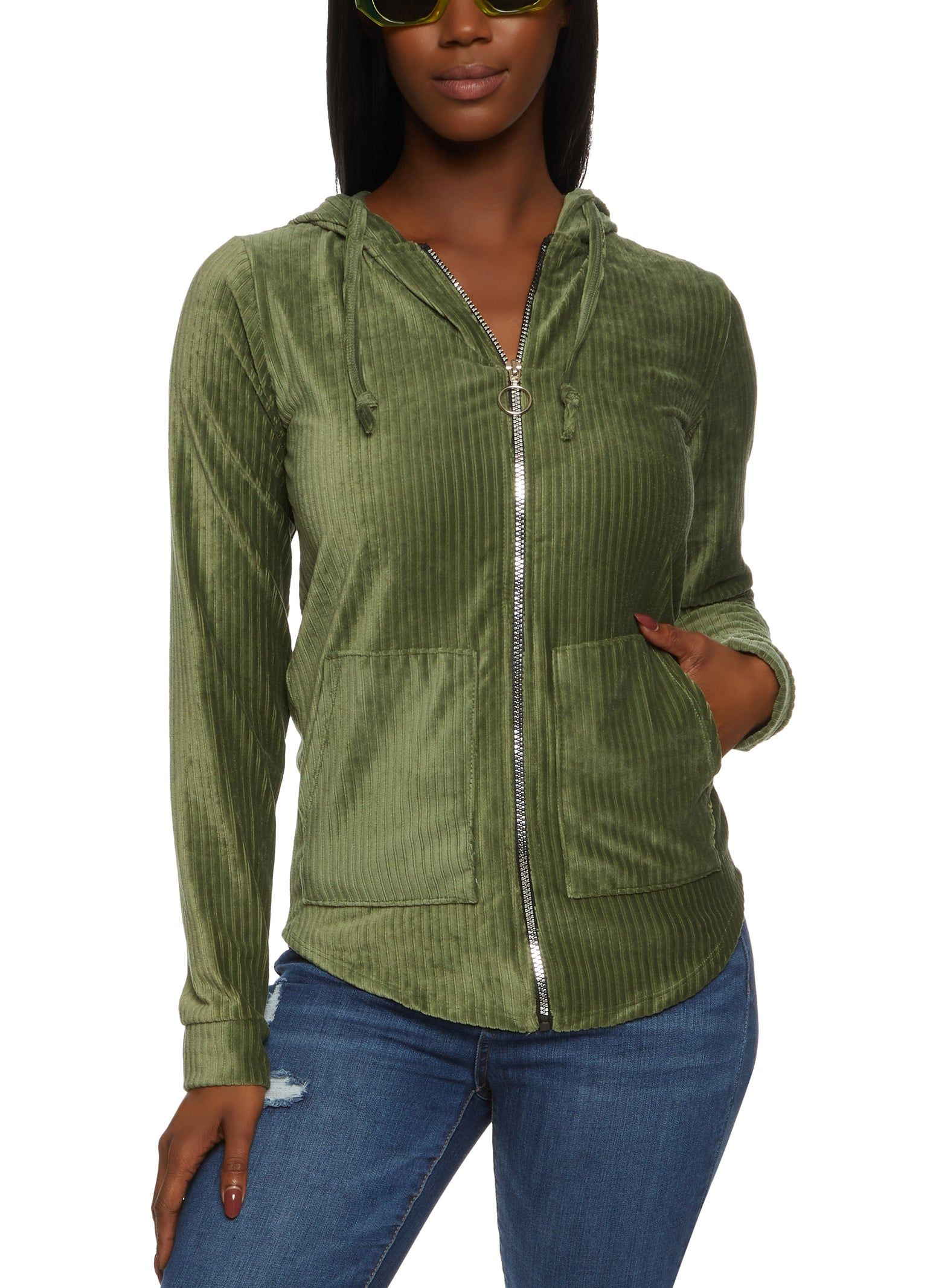 Ribbed Knit Velour Zip Front Hoodie sold by Rainbow