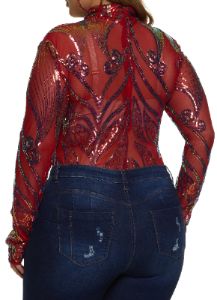 Plus Size Mesh Sequin Printed Bodysuit sold by Rainbow