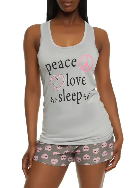 Peace Love Sleep Graphic Pajama Tank Top and Shorts sold by Rainbow