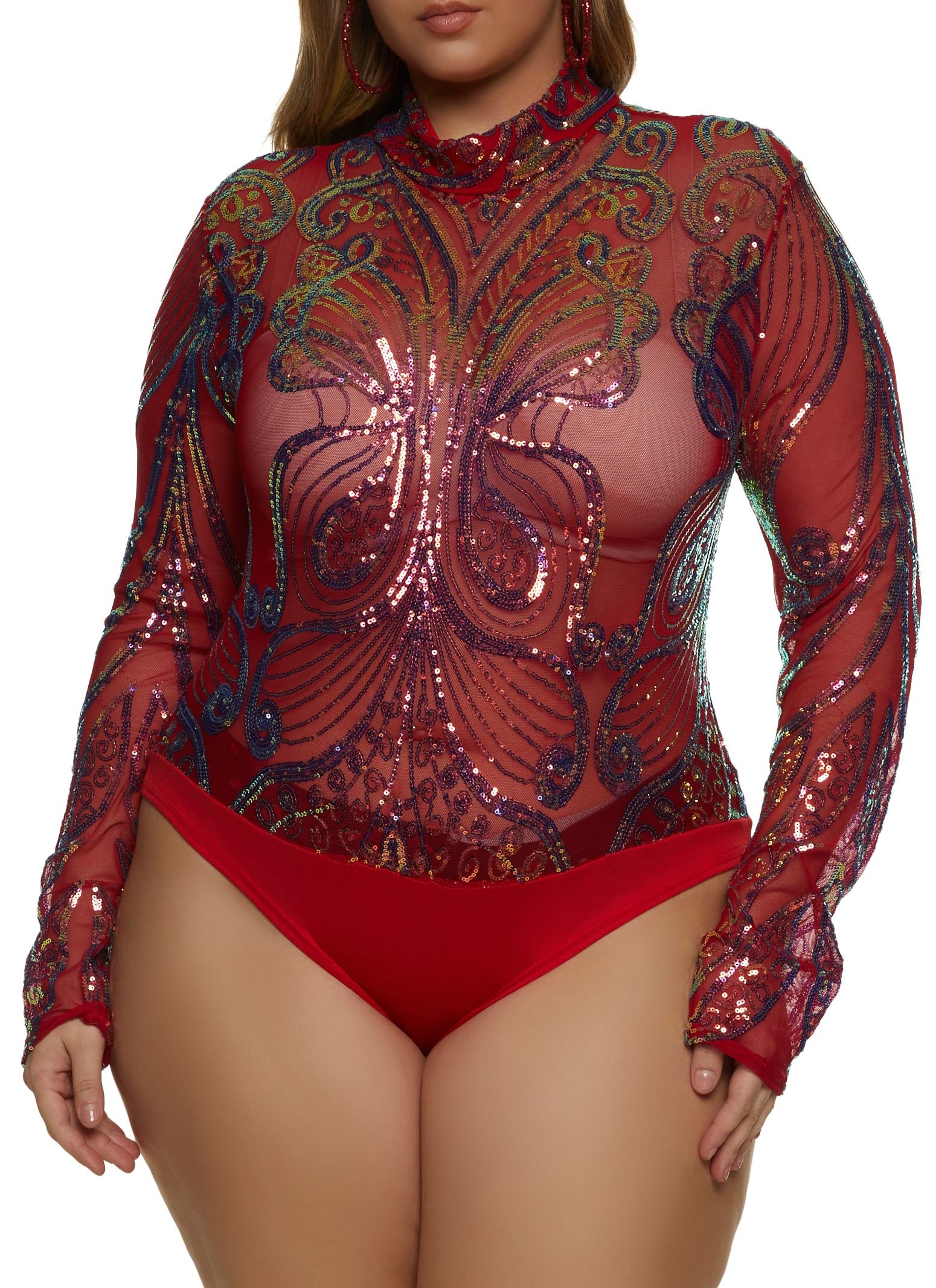 Plus Size Mesh Sequin Graphic Bodysuit sold by Rainbow