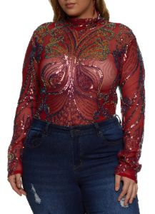 Plus Size Mesh Sequin Printed Bodysuit sold by Rainbow