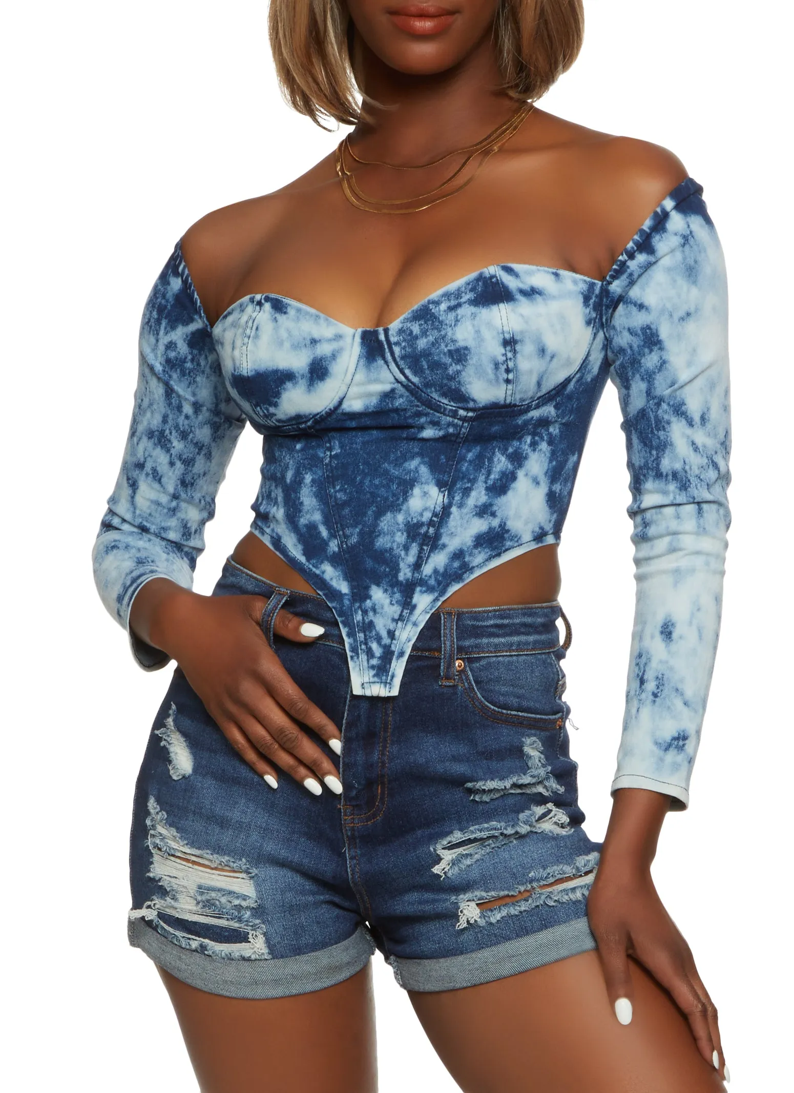 Acid Wash Long Sleeve Bustier Denim Top sold by Rainbow