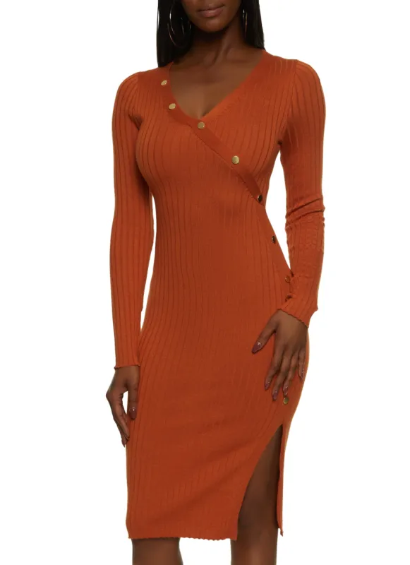 Faux Snap Button Detail Ribbed Knit Midi Dress sold by Rainbow