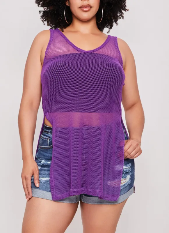Plus Size Fishnet Side Slit Tank Top sold by Rainbow