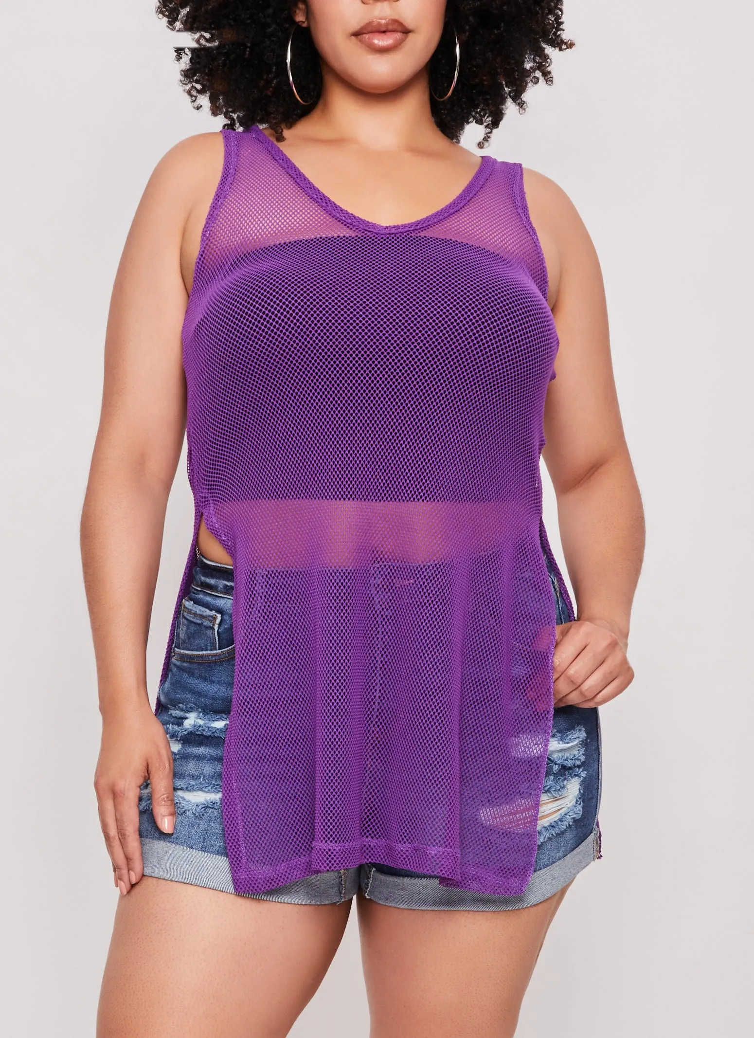 Plus Size Fishnet Side Slit Tank Top sold by Rainbow