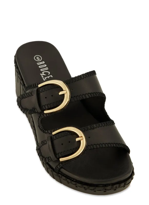 Double Buckle Strap Wedge Slide Sandals sold by Rainbow