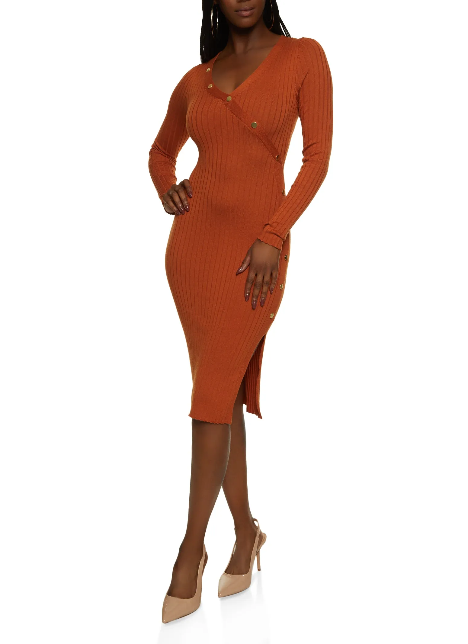 Faux Snap Button Detail Ribbed Knit Midi Dress sold by Rainbow product image thumbnail 2