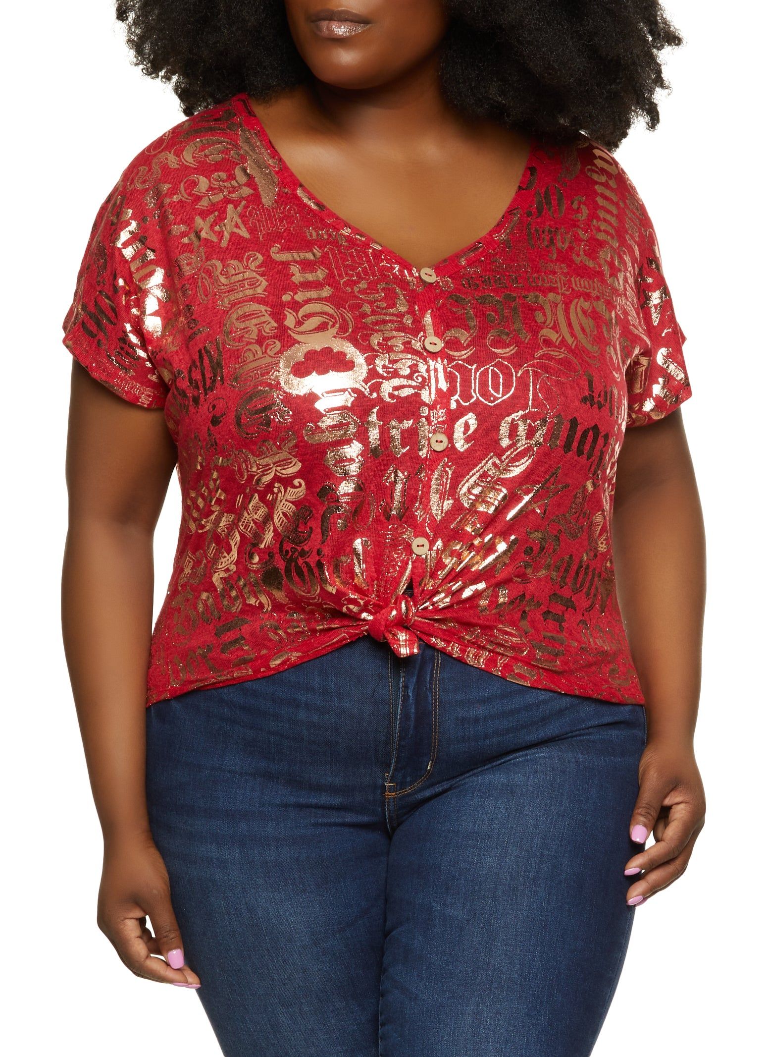 Plus Size Foil Print V Neck Tee sold by Rainbow