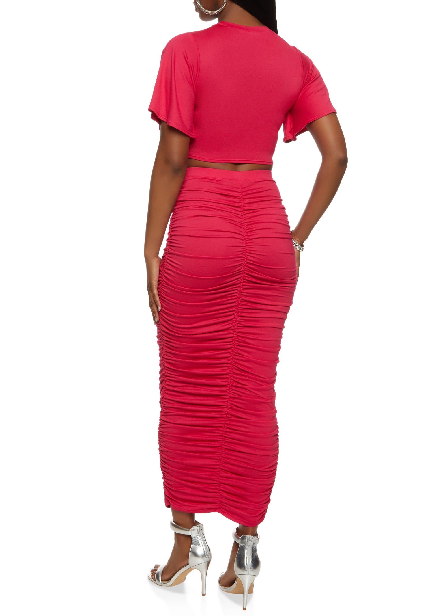 Solid Flutter Sleeve Top and Ruched Maxi Skirt sold by Rainbow product image thumbnail 2