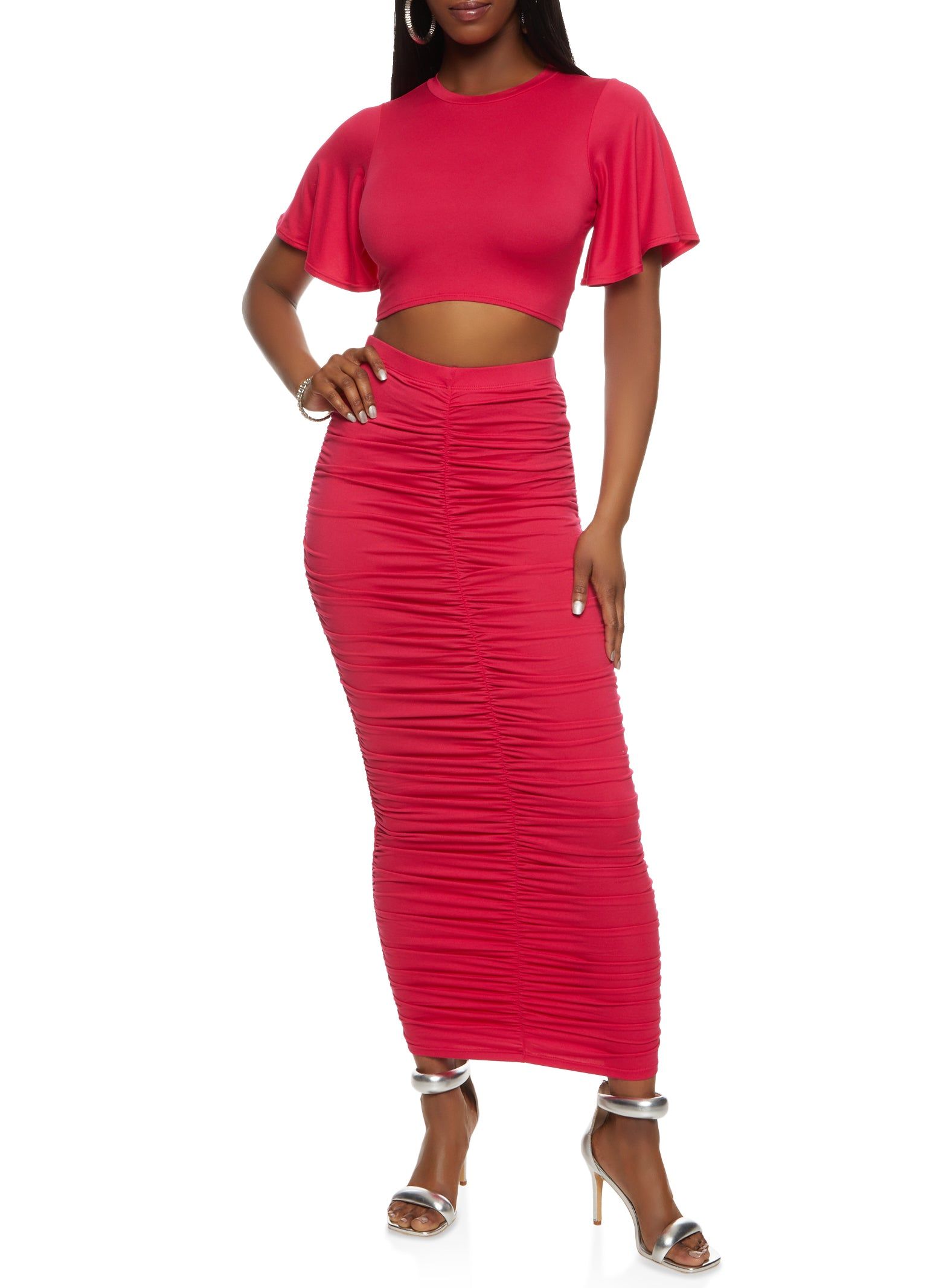 Solid Flutter Sleeve Top and Ruched Maxi Skirt sold by Rainbow