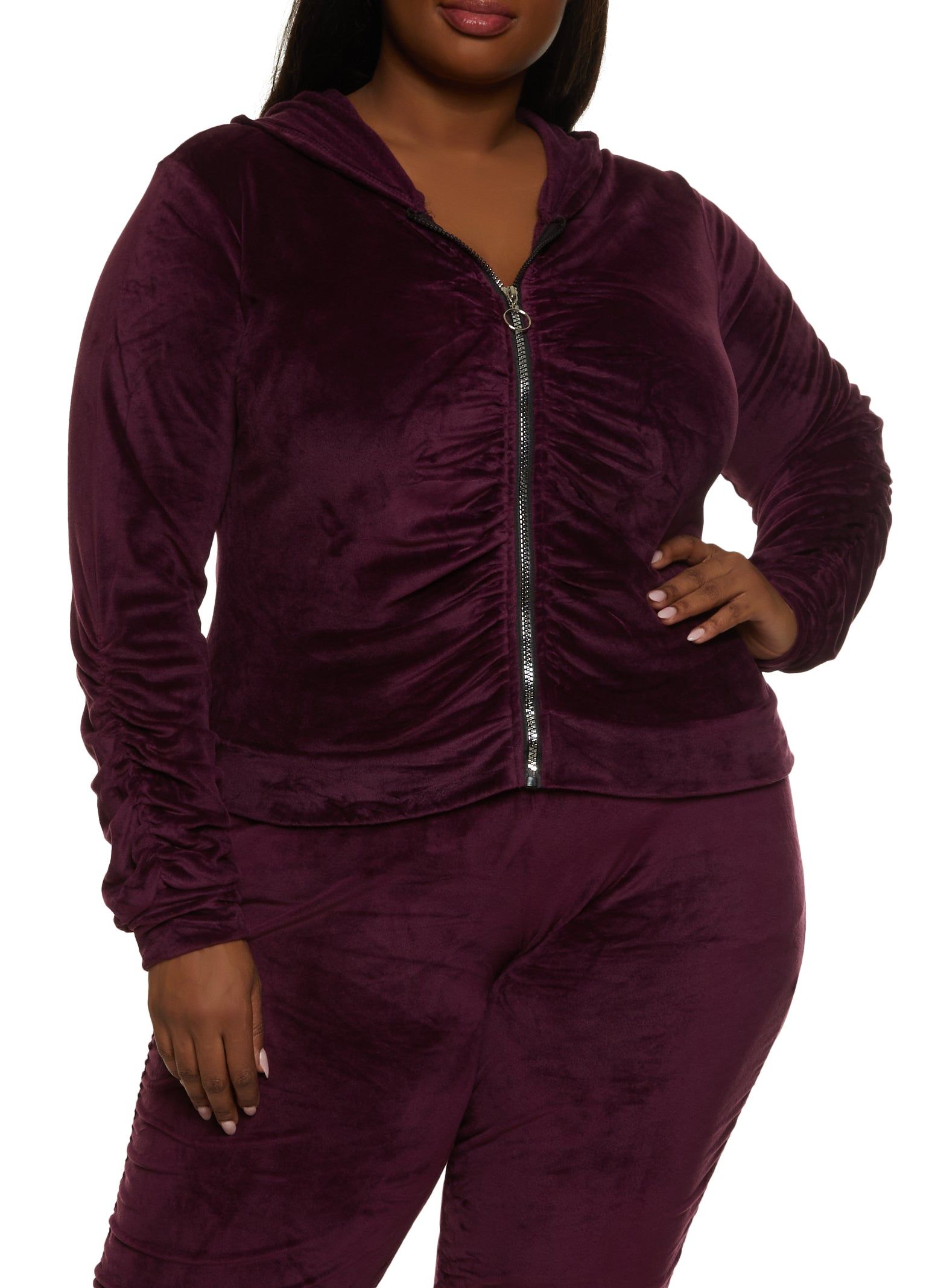 Plus Size Ruched Zip Front Hooded Sweatshirt sold by Rainbow