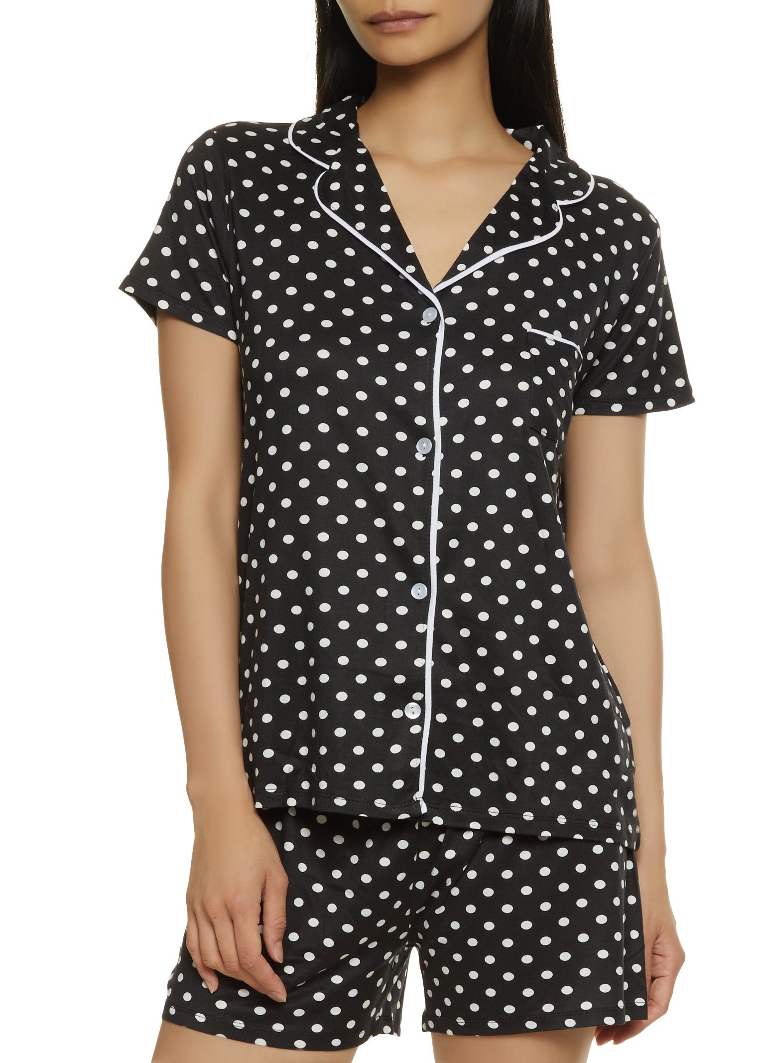 Polka Dot Print Notch Collar Pajama Shirt and Shorts sold by Rainbow