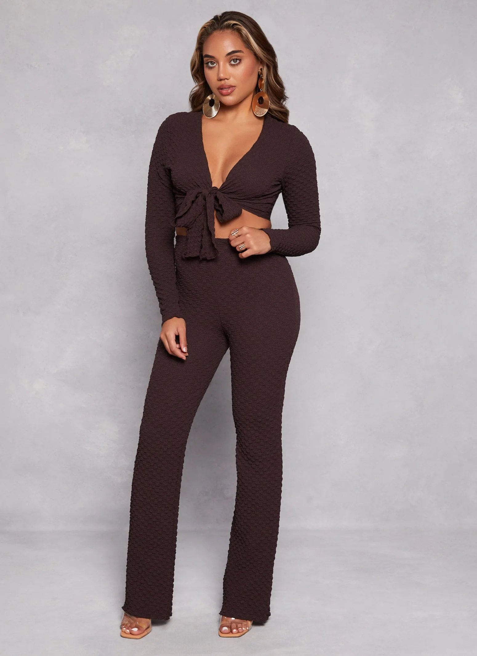 Textured Knit Long Sleeve Tie Front Crop Top sold by Rainbow product image thumbnail 2