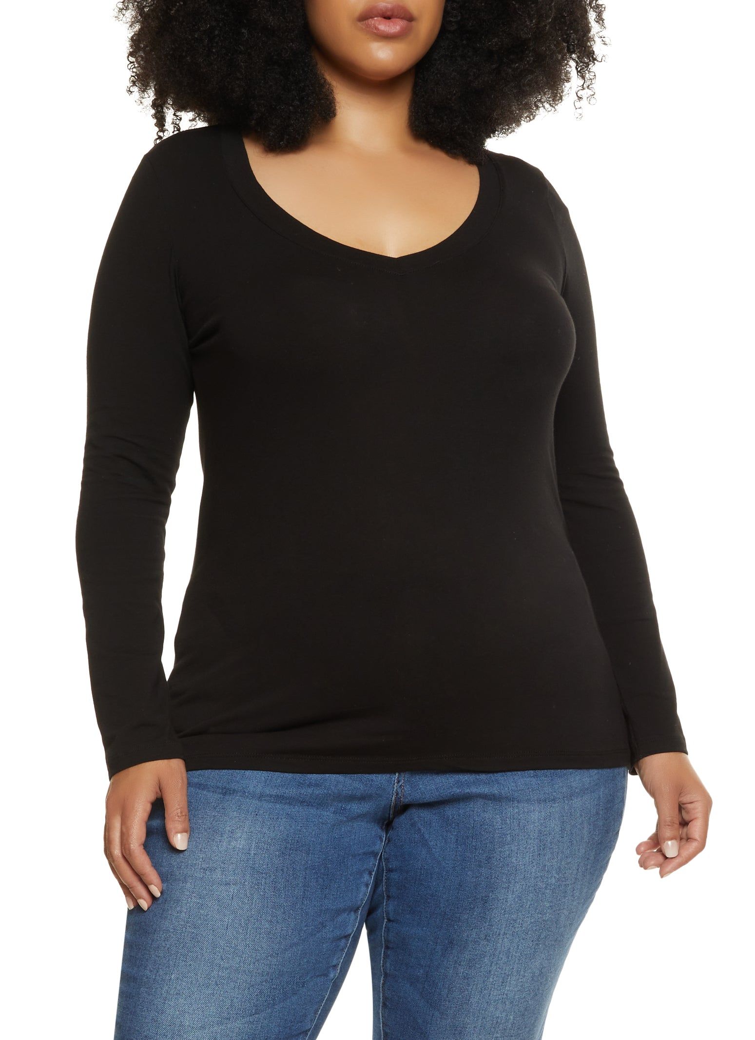 Plus Size Basic V Neck Long Sleeve Tee sold by Rainbow