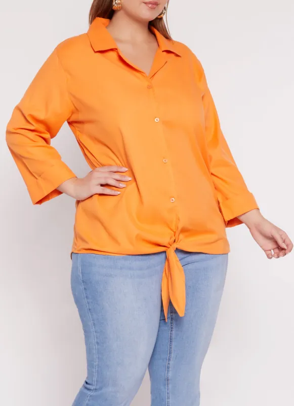 Plus Size Button Down Tie Front Shirt sold by Rainbow