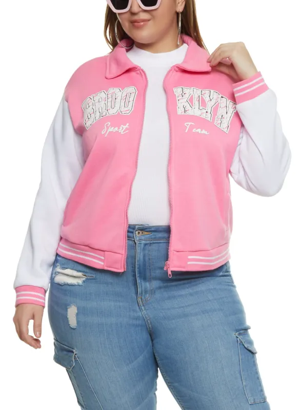 Plus Size Brooklyn Zip Front Varsity Jacket sold by Rainbow
