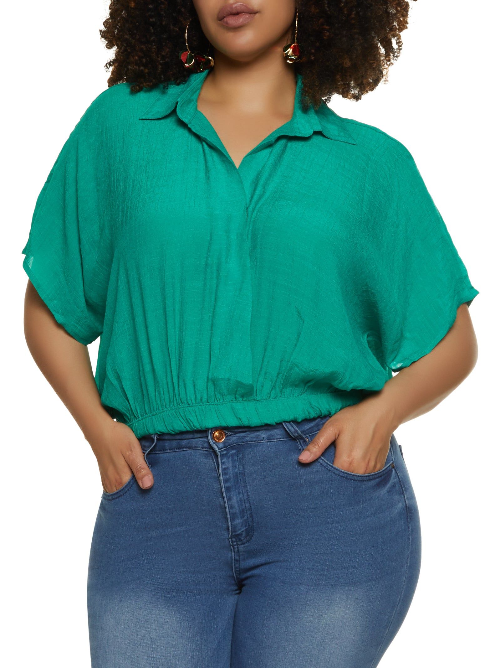Plus Size Elastic Hem Button Down Blouse sold by Rainbow