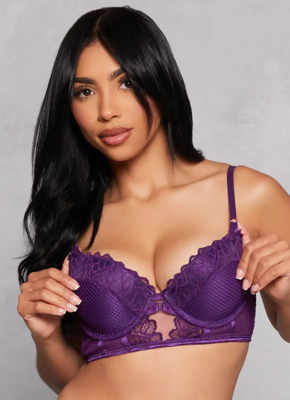 Floral Lace Fishnet Detail Longline Plunge Bra sold by Rainbow