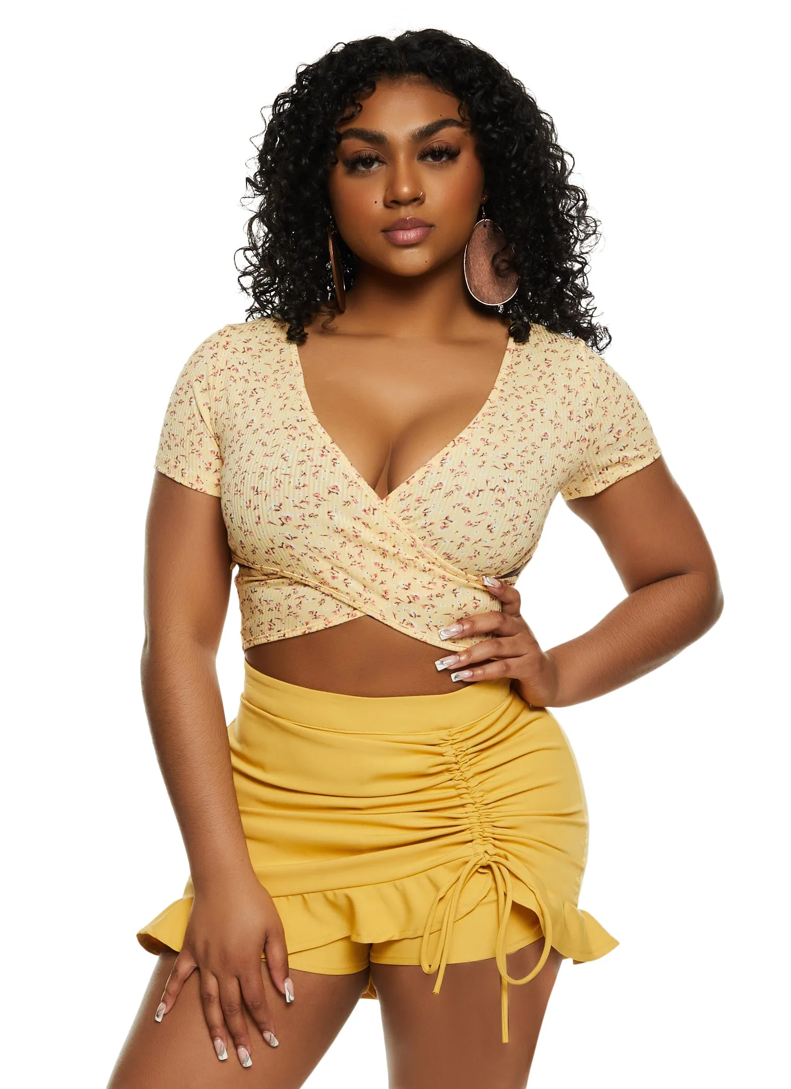 Ribbed Floral Print Twist Front Crop Top sold by Rainbow