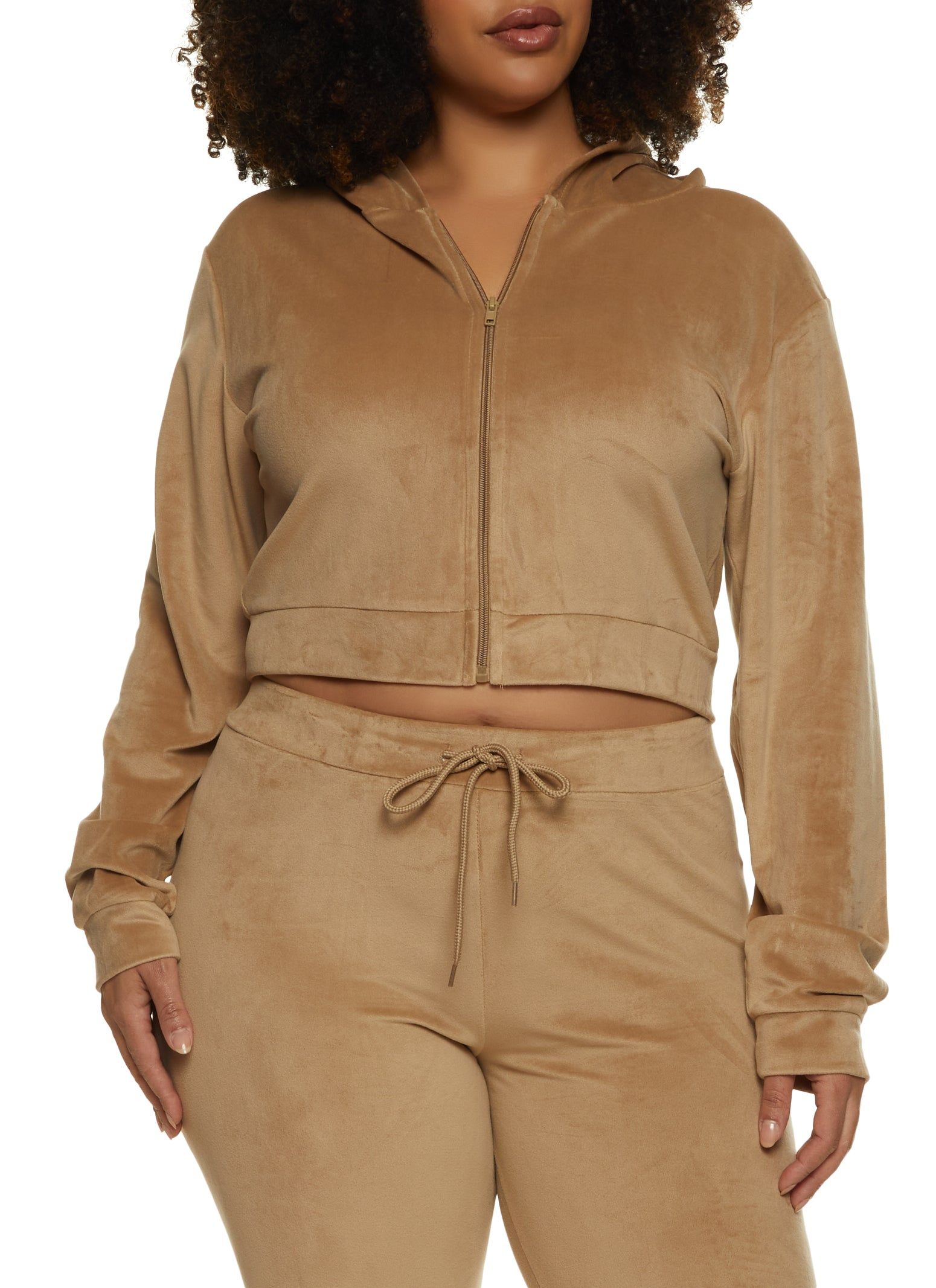 Plus Size Cropped Velour Zip Front Hoodie sold by Rainbow