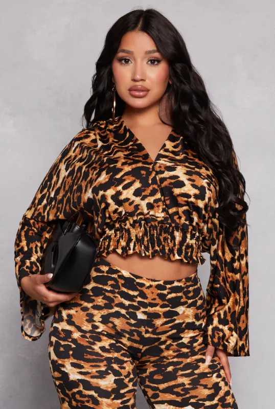 Leopard Print Smocked Hem Crop Top sold by Rainbow
