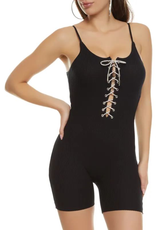 Daisy Ribbed Knit Rhinestone Lace Up Cami Romper sold by Rainbow