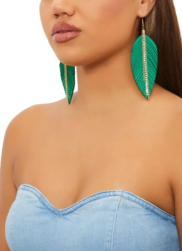 Rhinestone Chain Fringe Leaf Drop Earrings sold by Rainbow