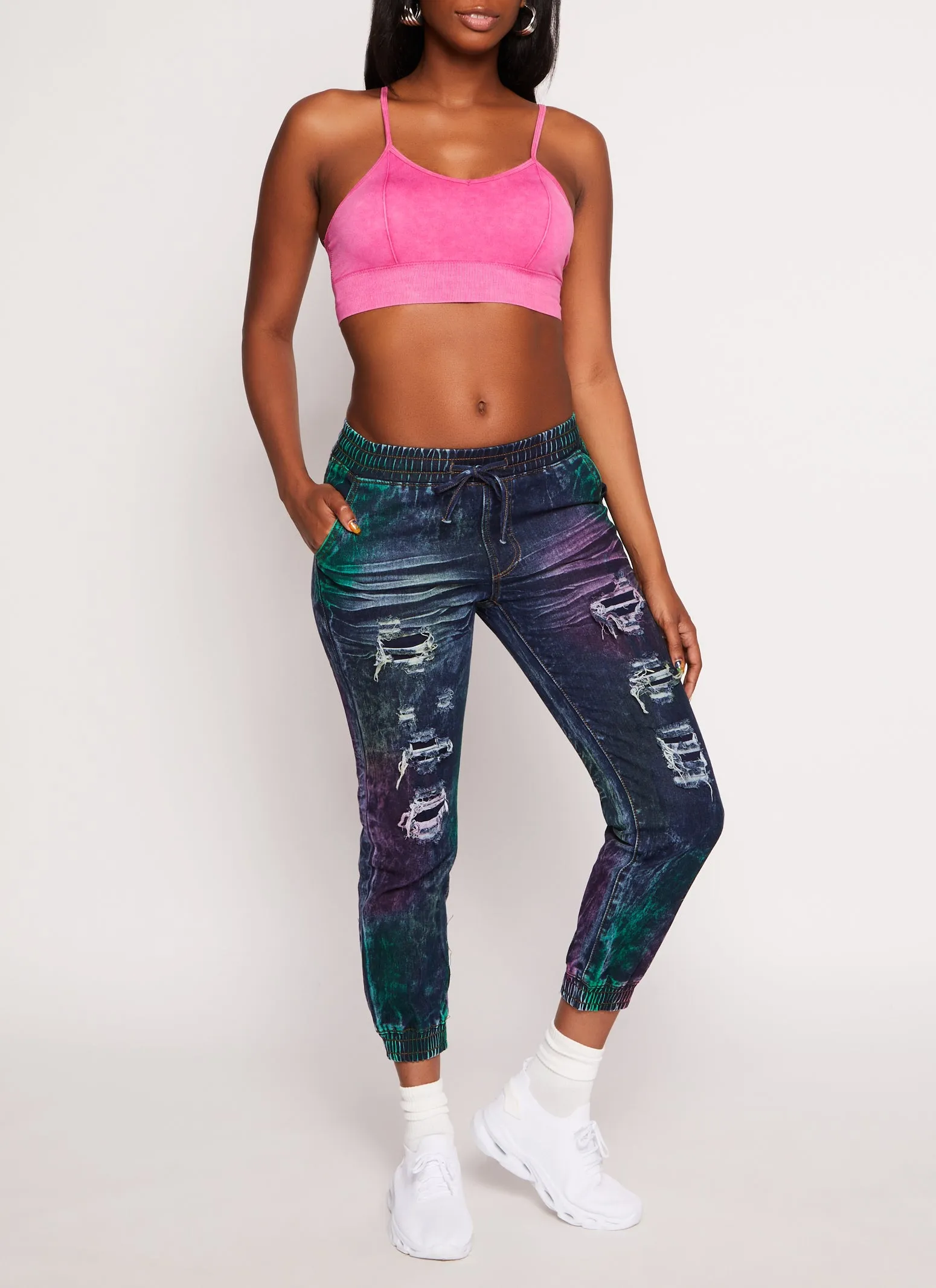 Distressed Acid Wash Denim Joggers sold by Rainbow