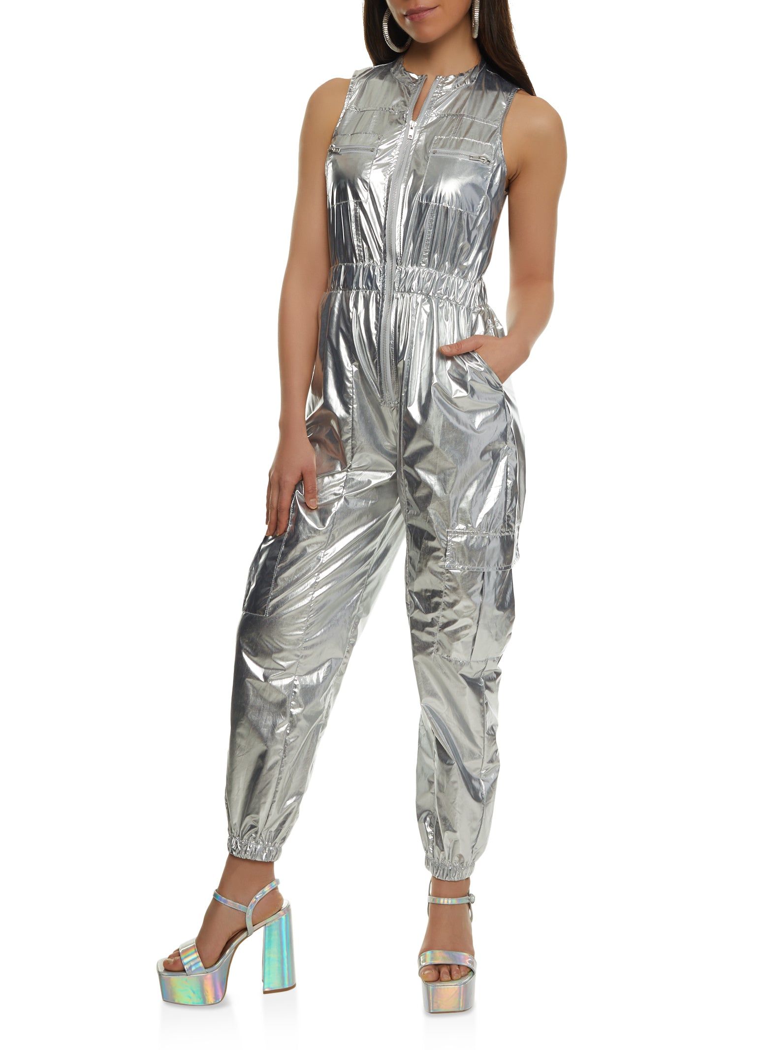 Metallic Foil Cargo Pocket Jumpsuit | Parallel