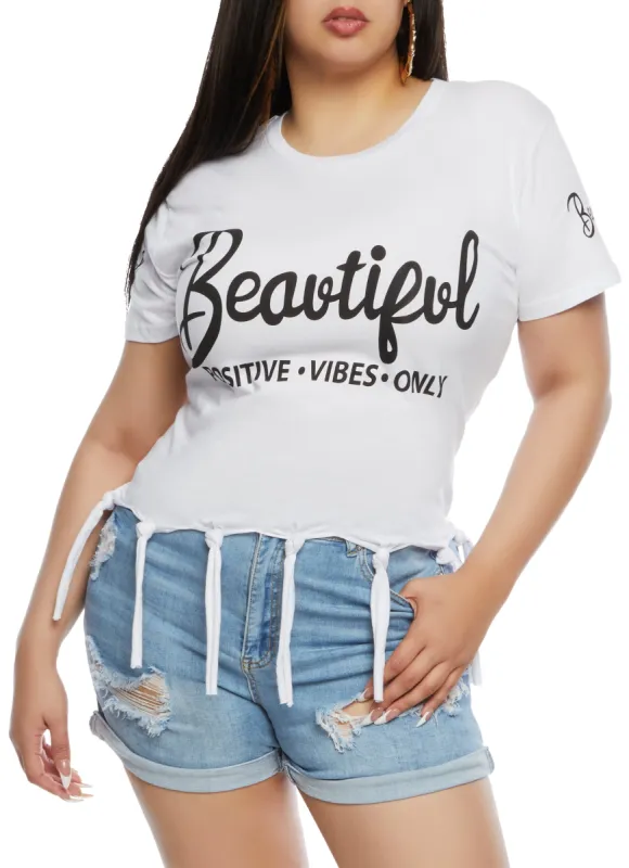 Plus Size Beautiful Positive Vibes Only Knot Hem Graphic Tee sold by Rainbow