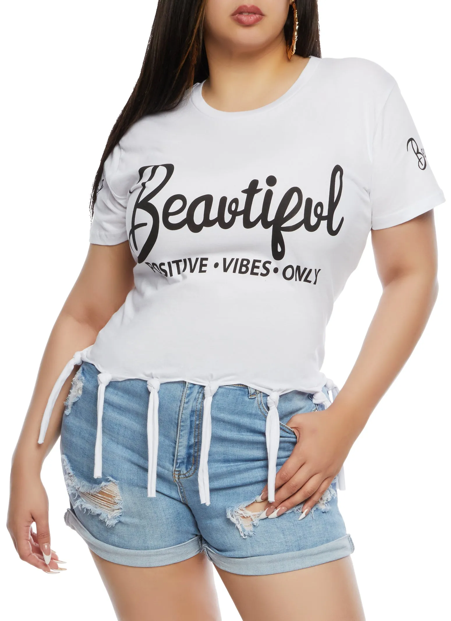 Plus Size Beautiful Positive Vibes Only Knot Hem Graphic Tee sold by Rainbow