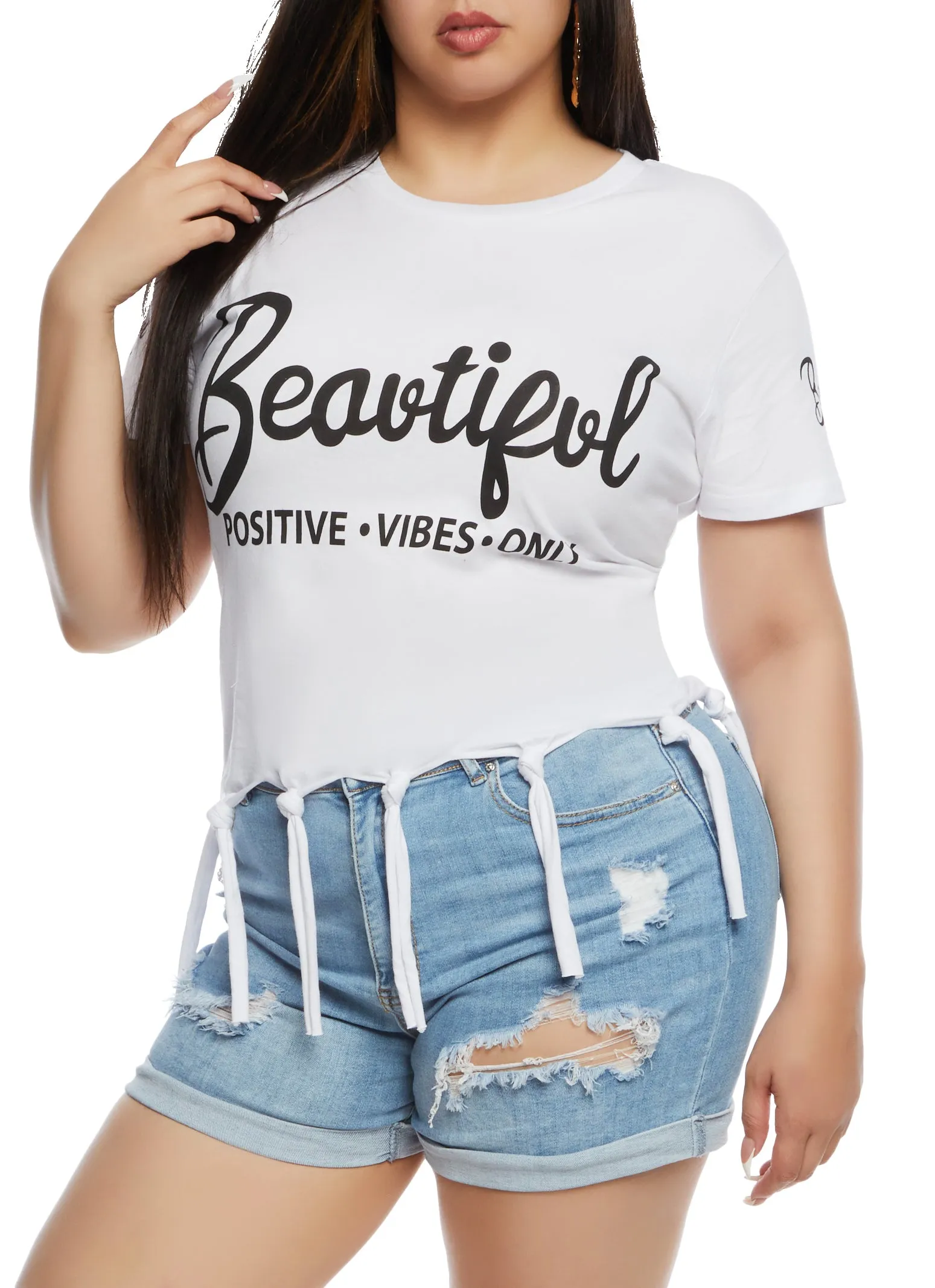 Plus Size Beautiful Positive Vibes Only Knot Hem Graphic Tee sold by Rainbow product image thumbnail 2