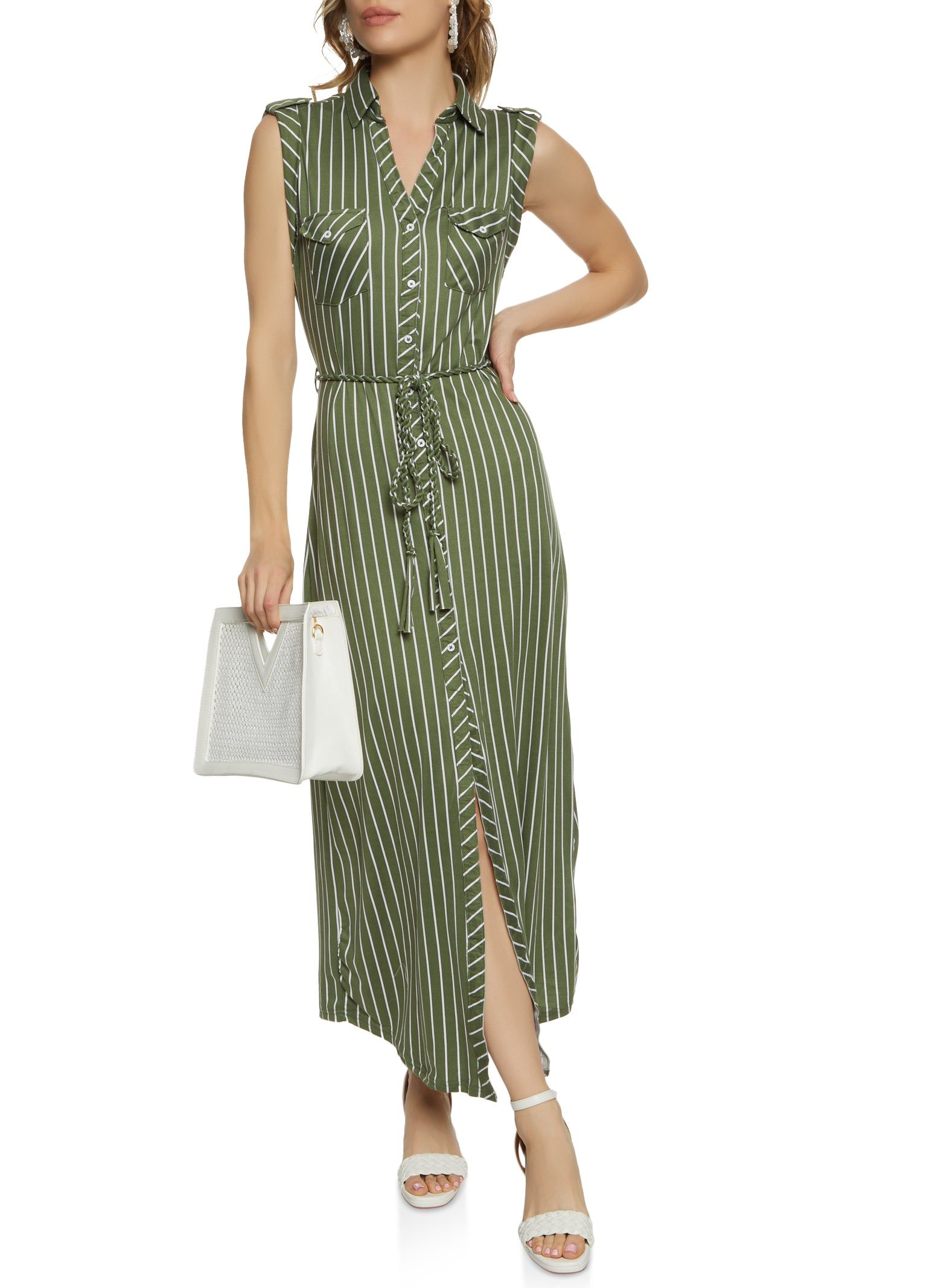 Striped Button Front Tie Waist Maxi Dress sold by Rainbow