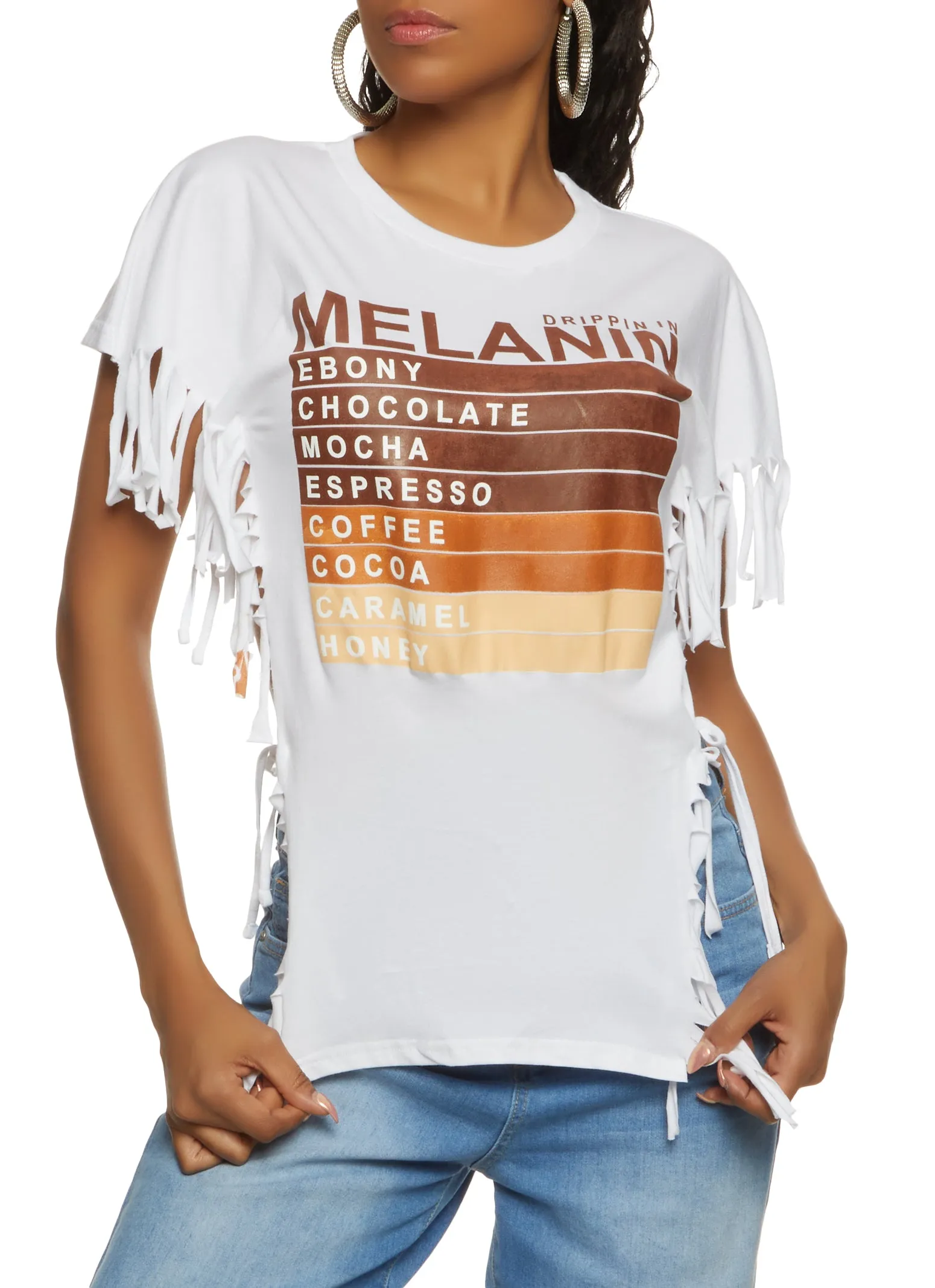 Drippin In Melanin Fringe Side Tie Tee sold by Rainbow