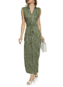 Striped Button Front Tie Waist Maxi Dress sold by Rainbow